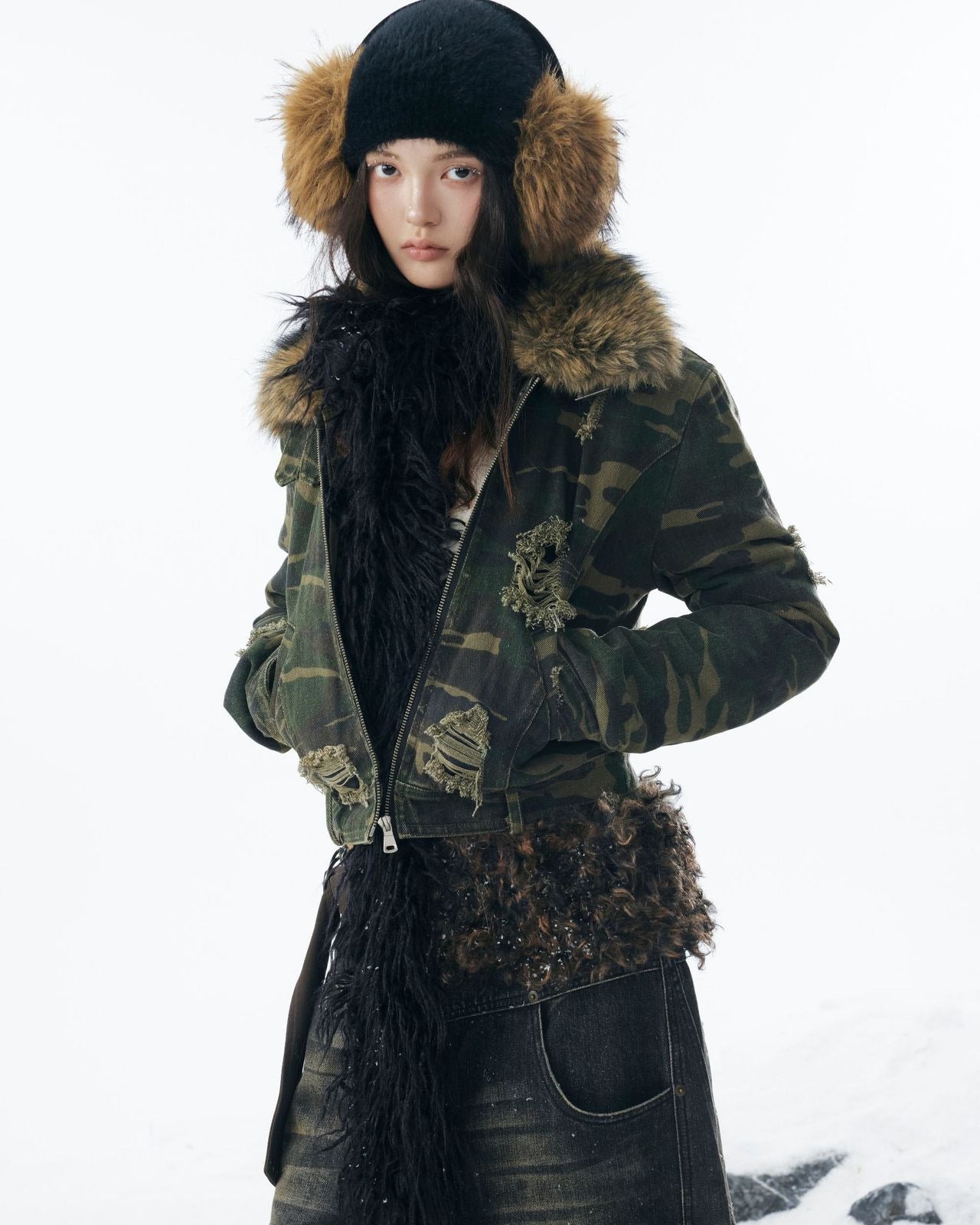嘉衣库潮牌2025新款冬季可拆卸毛领迷彩棉服短款外套水洗破坏棉衣 NOCTONE