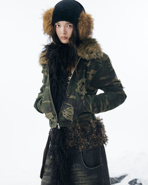 嘉衣库潮牌2025新款冬季可拆卸毛领迷彩棉服短款外套水洗破坏棉衣 NOCTONE