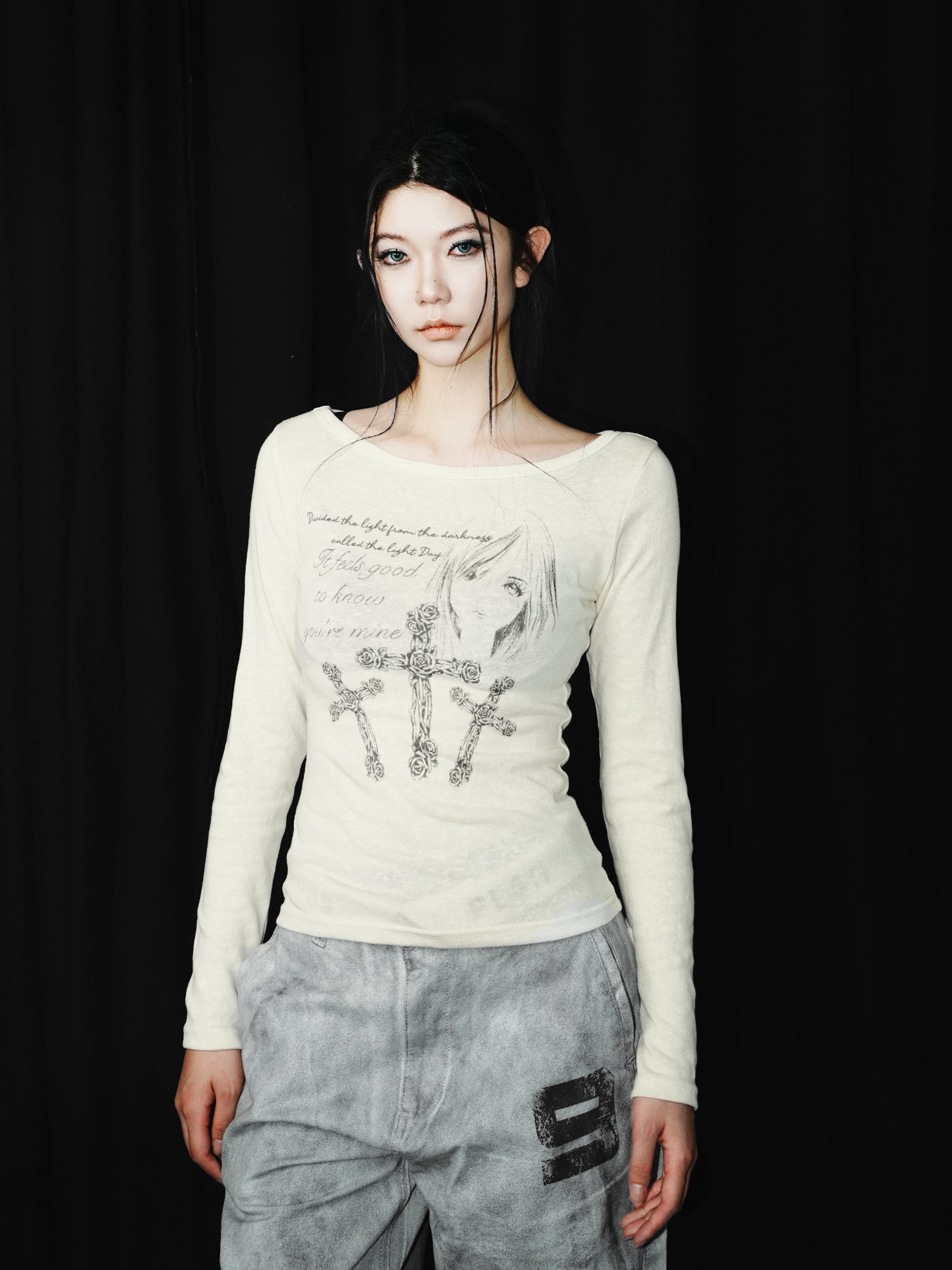 Portrait Slogan Cross Long Sleeve Tee God plan