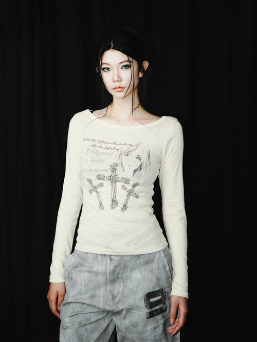 Portrait Slogan Cross Long Sleeve Tee God plan