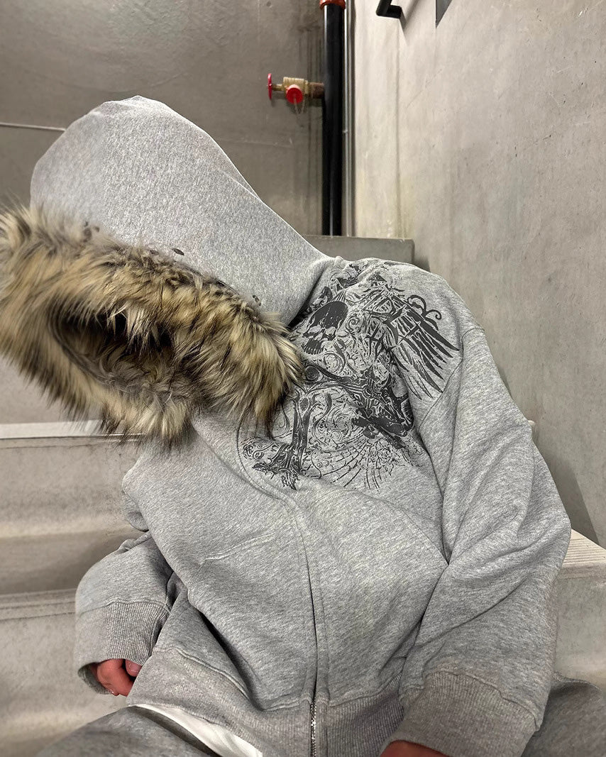 欧米の絨毛帽子の衛衣のプリントの図案の長袖の頭のフードの復古のコートの街頭の潮流y 2k NOCTONE