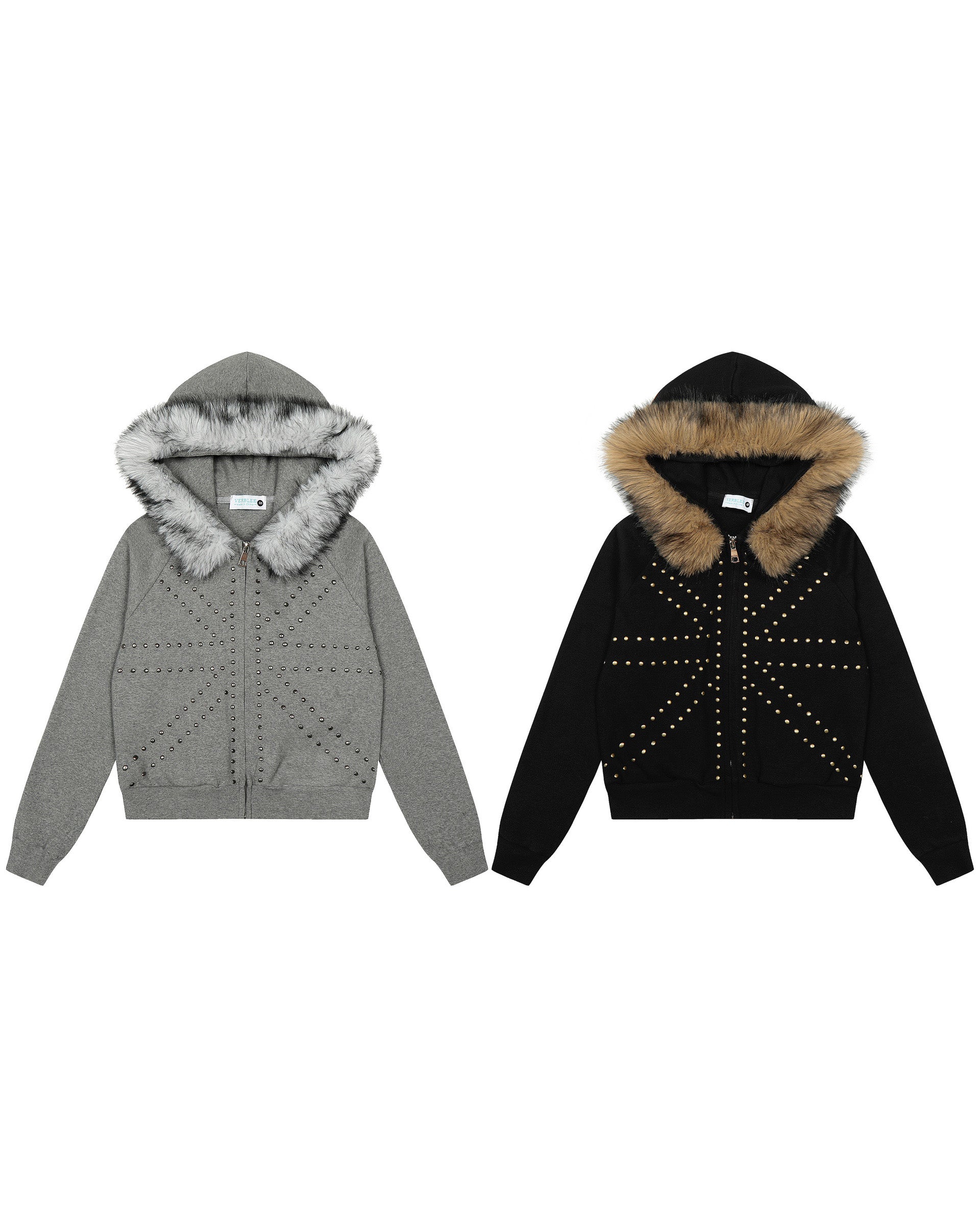 Fudge Pink 25秋季New美式复古辣妹个性撞钉设计毛领连帽卫衣开衫 NOCTONE