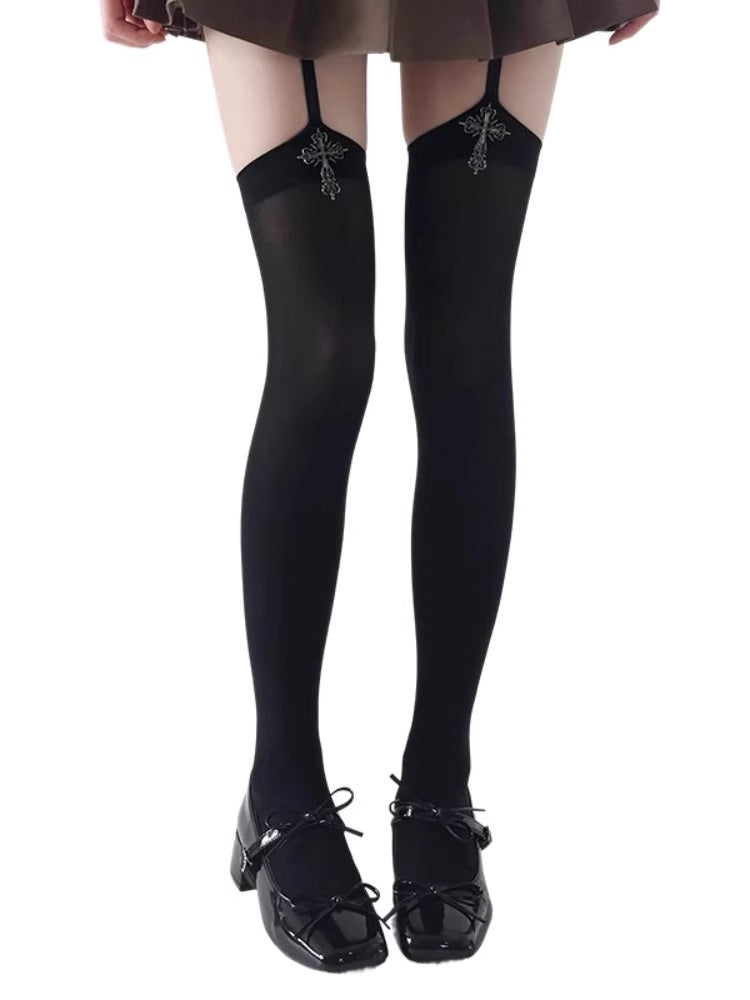 オリジナル立体クロスサスペンダーオールインワンオーバーニーソックスロリータベルベット白黒無地ガールストッキング NOCTONE