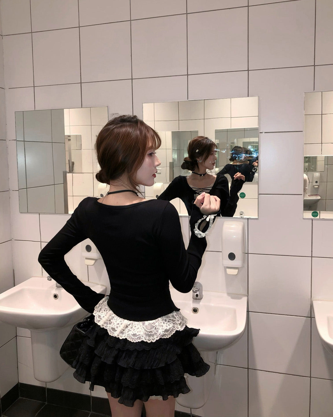 かわいくて無邪気なブラックフェイクツーピース下着トップス女性用、オータムレース、ホットガール、ケーキドレス、ツーピーススーツ NOCTONE