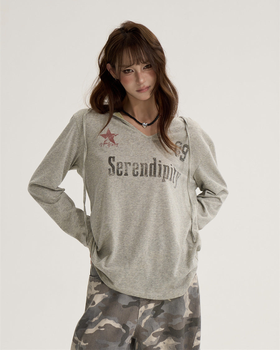 ONLPP American Retro Babes レター Vネック長袖トップス女性用初秋ルーズスポーツフード付き日焼け止めカバーアップ NOCTONE