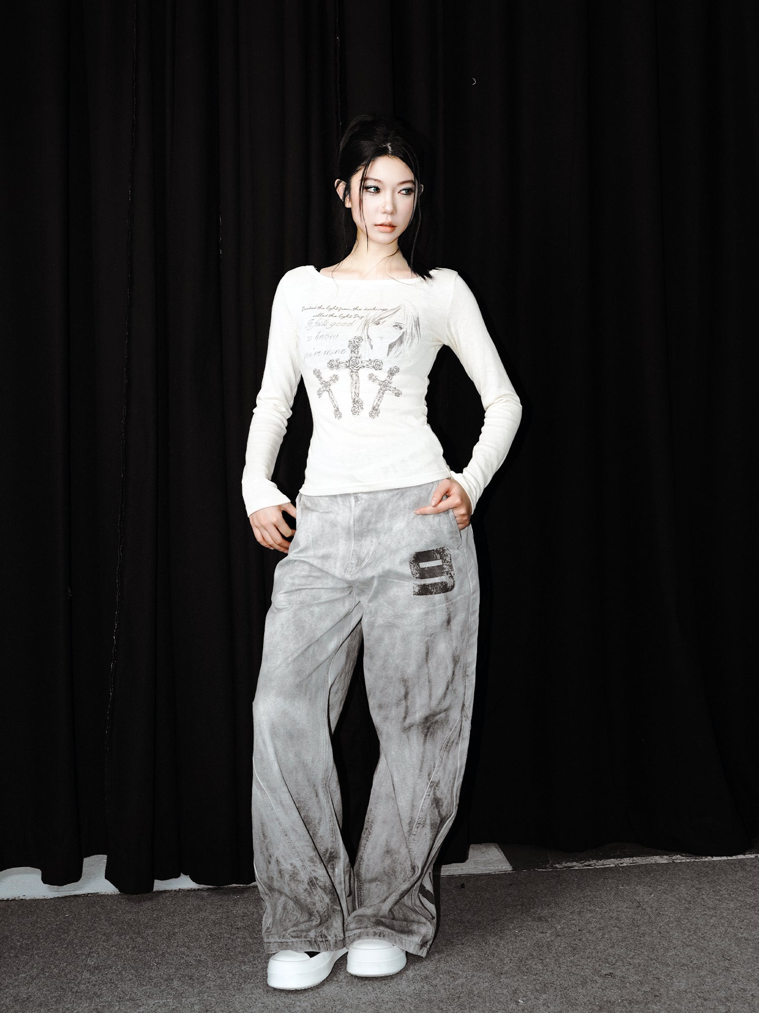 Portrait Slogan Cross Long Sleeve Tee God plan