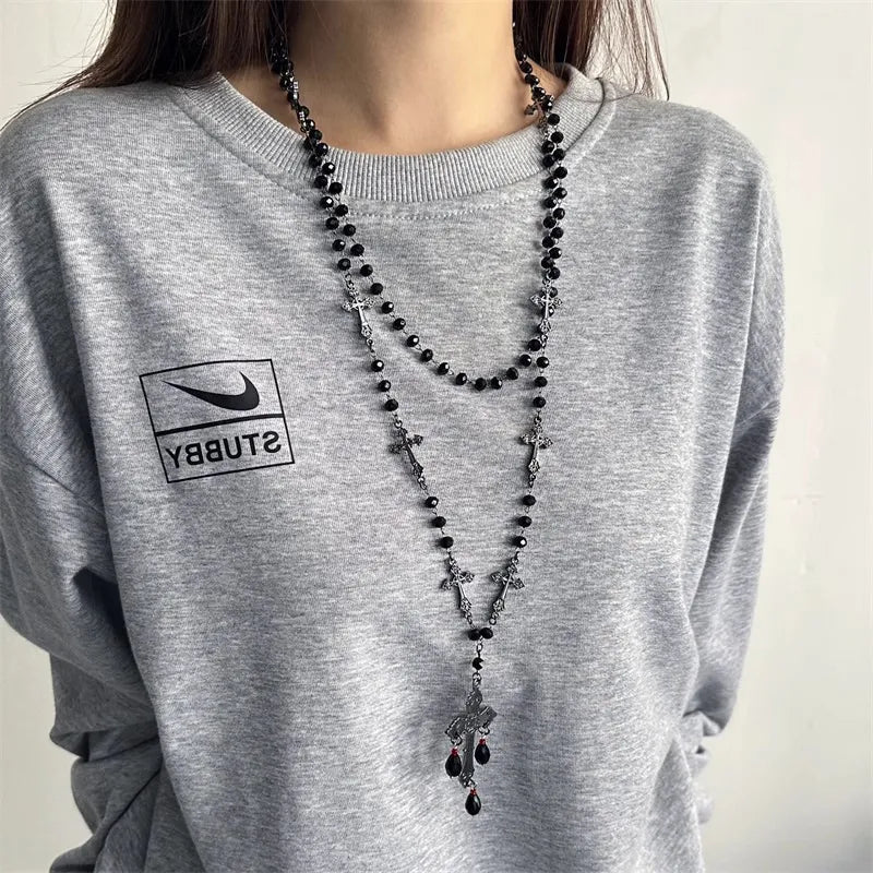 ゴシックスタイルブラッククロスビーズネックレスレディースロングセーターチェーンニッチデザイン高級パーカーチェーンアクセサリー NOCTONE