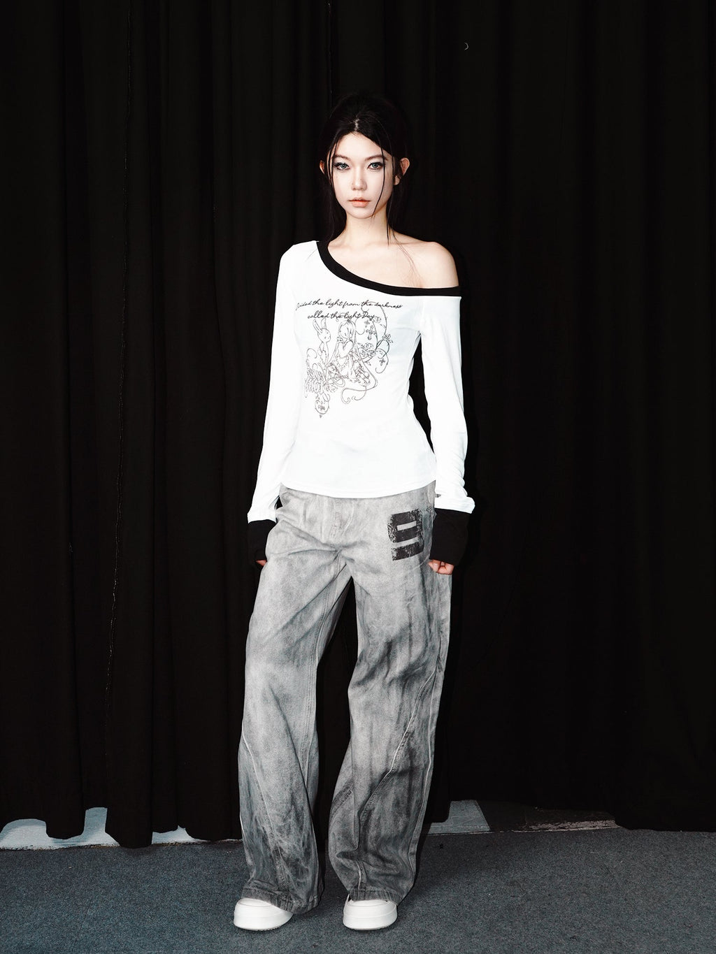 Asymmetric Neck Long Sleeve Shirt God plan