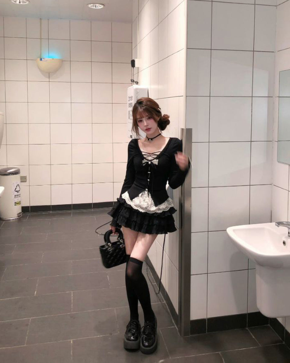 かわいくて無邪気なブラックフェイクツーピース下着トップス女性用、オータムレース、ホットガール、ケーキドレス、ツーピーススーツ NOCTONE