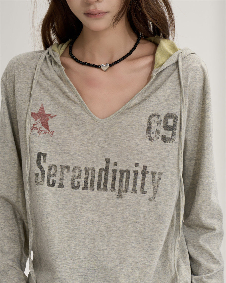 ONLPP American Retro Babes レター Vネック長袖トップス女性用初秋ルーズスポーツフード付き日焼け止めカバーアップ NOCTONE