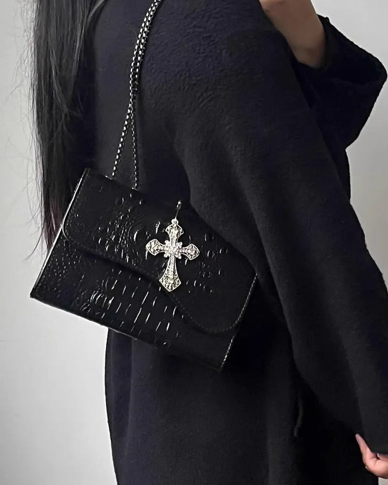 ムーンキャットオリジナルブラックゴスクロコダイル柄脇下ショルダーバッグレディースプレミアムテクスチャニッチ Y2K メッセンジャーバッグ NOCTONE