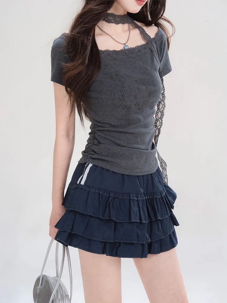 ショートプリーツプリントレースTシャツ NOCTONE