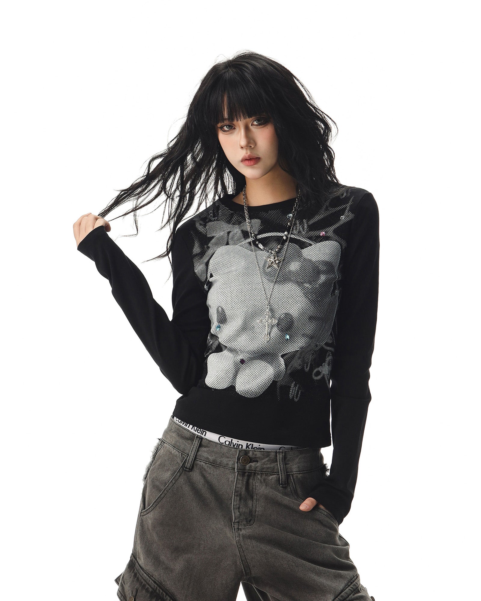 CTB Beer Captain アメリカンホットガールキティキャットプリントロングスリーブ T シャツ女性用秋用スリムフィットスリムベーストップ NOCTONE