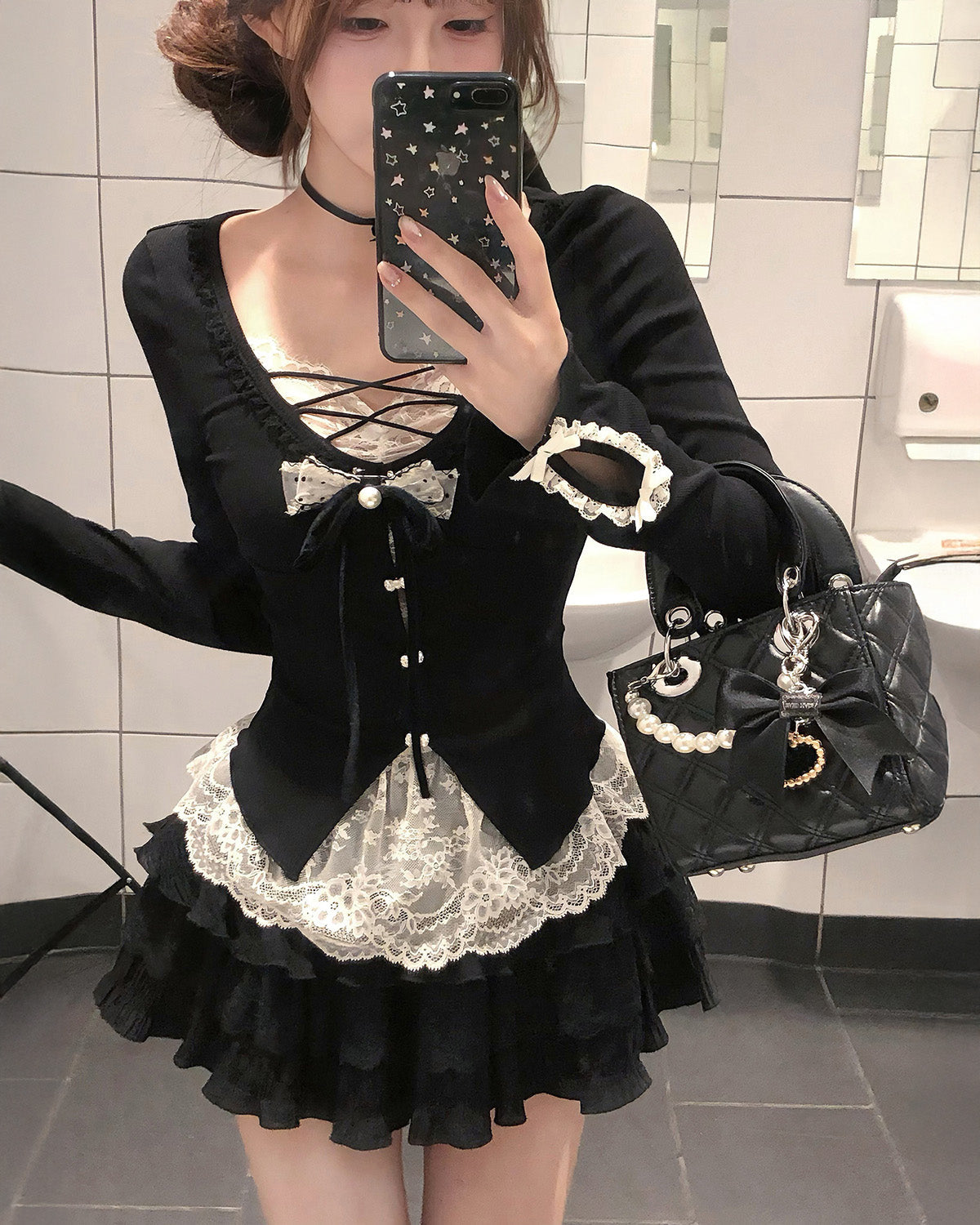 かわいくて無邪気なブラックフェイクツーピース下着トップス女性用、オータムレース、ホットガール、ケーキドレス、ツーピーススーツ NOCTONE