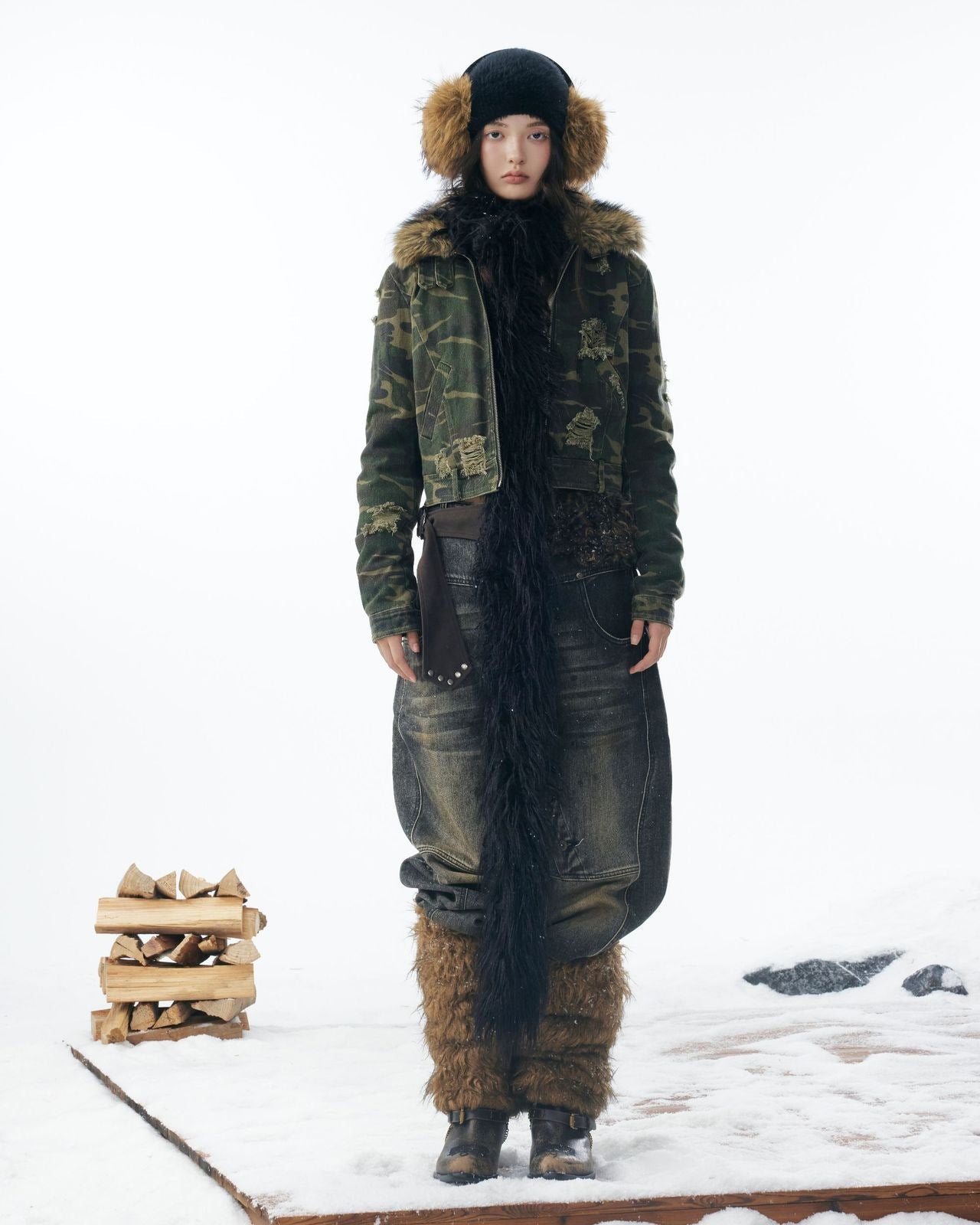 嘉衣库潮牌2025新款冬季可拆卸毛领迷彩棉服短款外套水洗破坏棉衣 NOCTONE