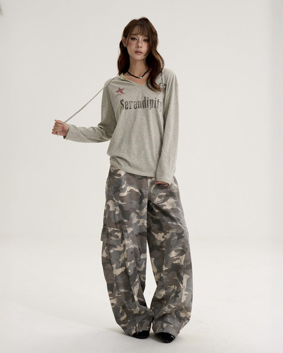 ONLPP American Retro Babes レター Vネック長袖トップス女性用初秋ルーズスポーツフード付き日焼け止めカバーアップ NOCTONE