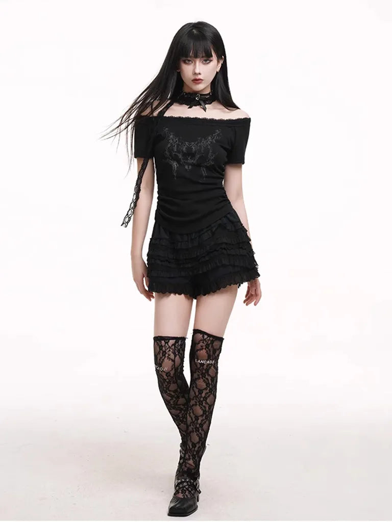 ショートプリーツプリントレースTシャツ NOCTONE