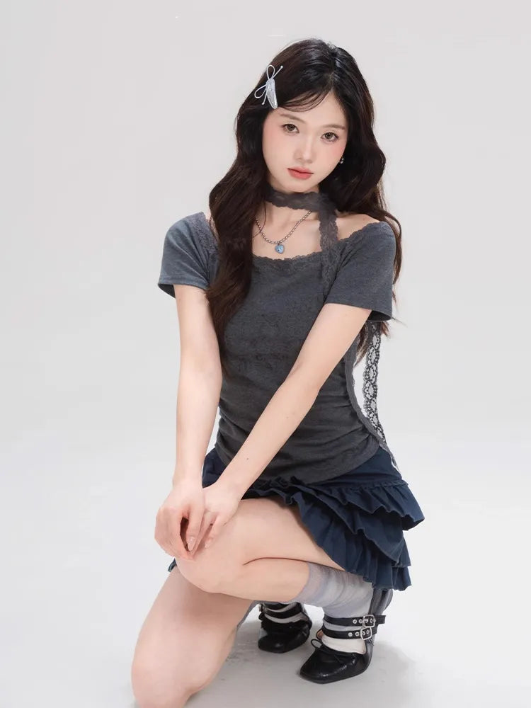 ショートプリーツプリントレースTシャツ NOCTONE