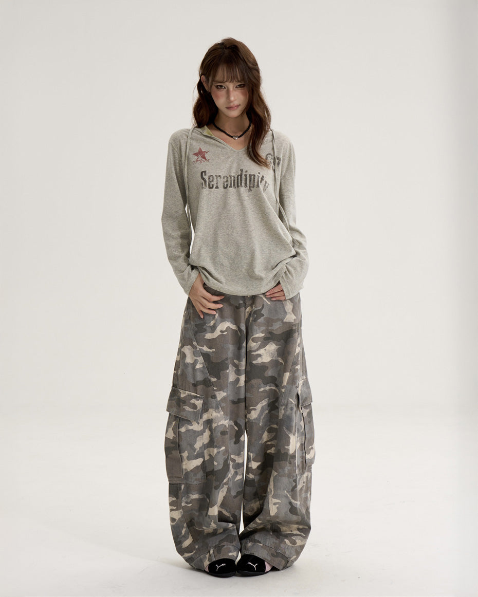 ONLPP American Retro Babes レター Vネック長袖トップス女性用初秋ルーズスポーツフード付き日焼け止めカバーアップ NOCTONE