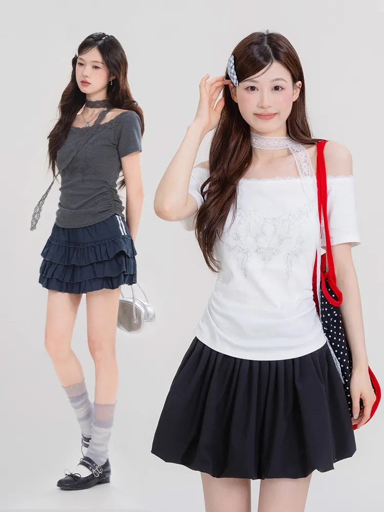 ショートプリーツプリントレースTシャツ NOCTONE