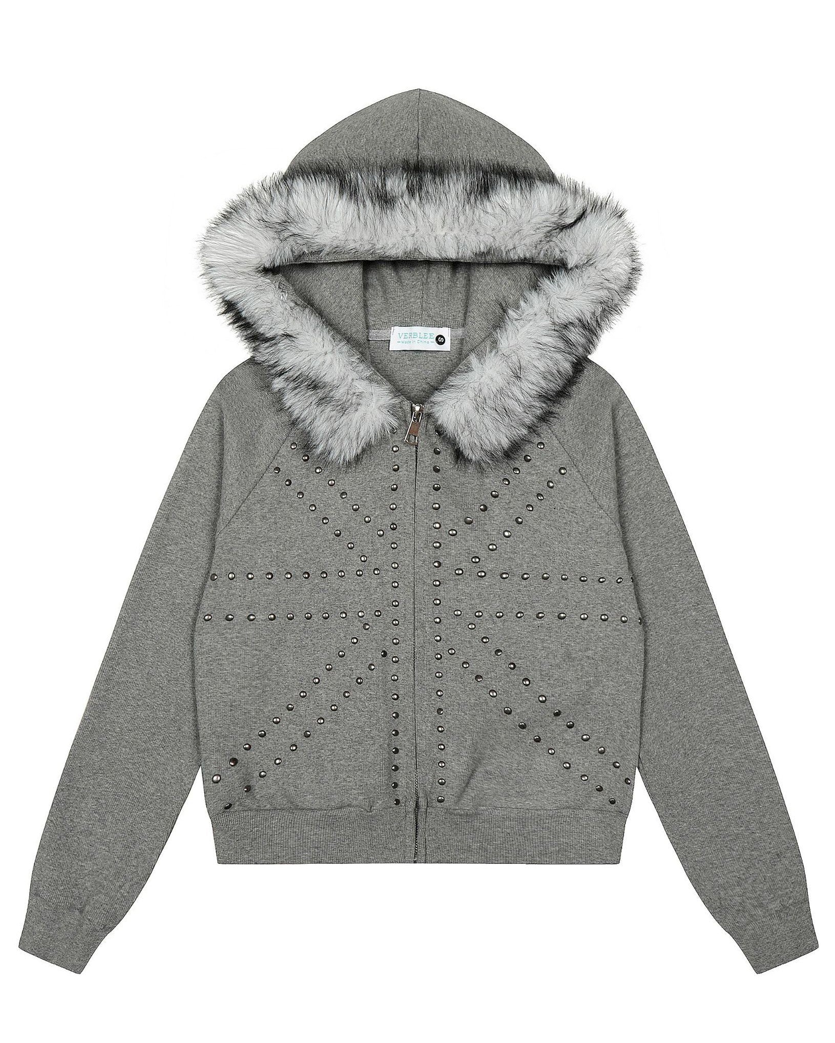 Fudge Pink 25秋季New美式复古辣妹个性撞钉设计毛领连帽卫衣开衫 NOCTONE