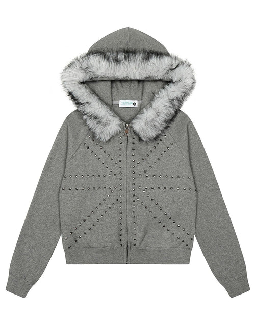 Fudge Pink 25秋季New美式复古辣妹个性撞钉设计毛领连帽卫衣开衫 NOCTONE