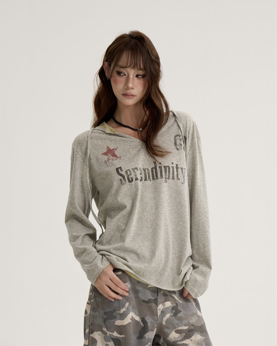 ONLPP American Retro Babes レター Vネック長袖トップス女性用初秋ルーズスポーツフード付き日焼け止めカバーアップ NOCTONE
