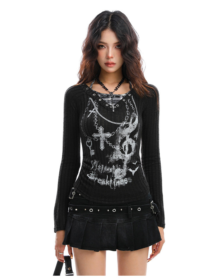 NEW Asian Culture ホットガールフェイクツーピース長袖薄手ニットTシャツ 25% オフ、女性用秋ウエストスリムトップトレンド NOCTONE