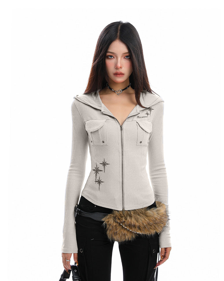 BIGGOLD ホットガールプレミアムフード付き長袖Tシャツ女性用秋用スリムで用途の広いストライプテクスチャージッパージャケットトレンディ NOCTONE