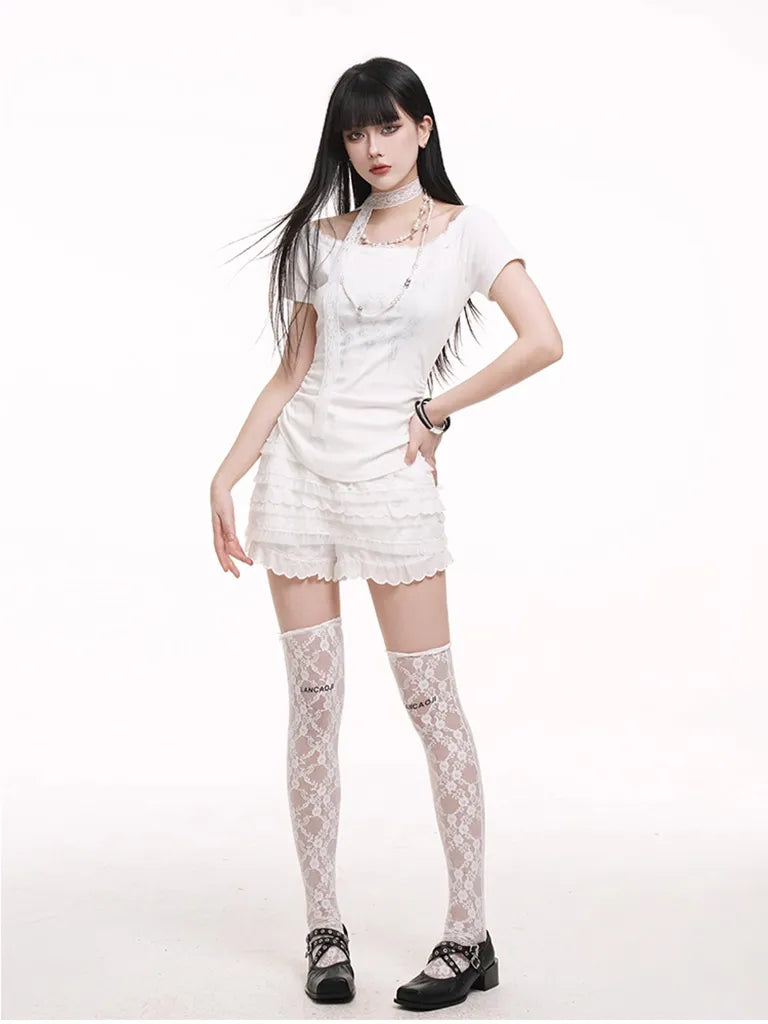 ショートプリーツプリントレースTシャツ NOCTONE