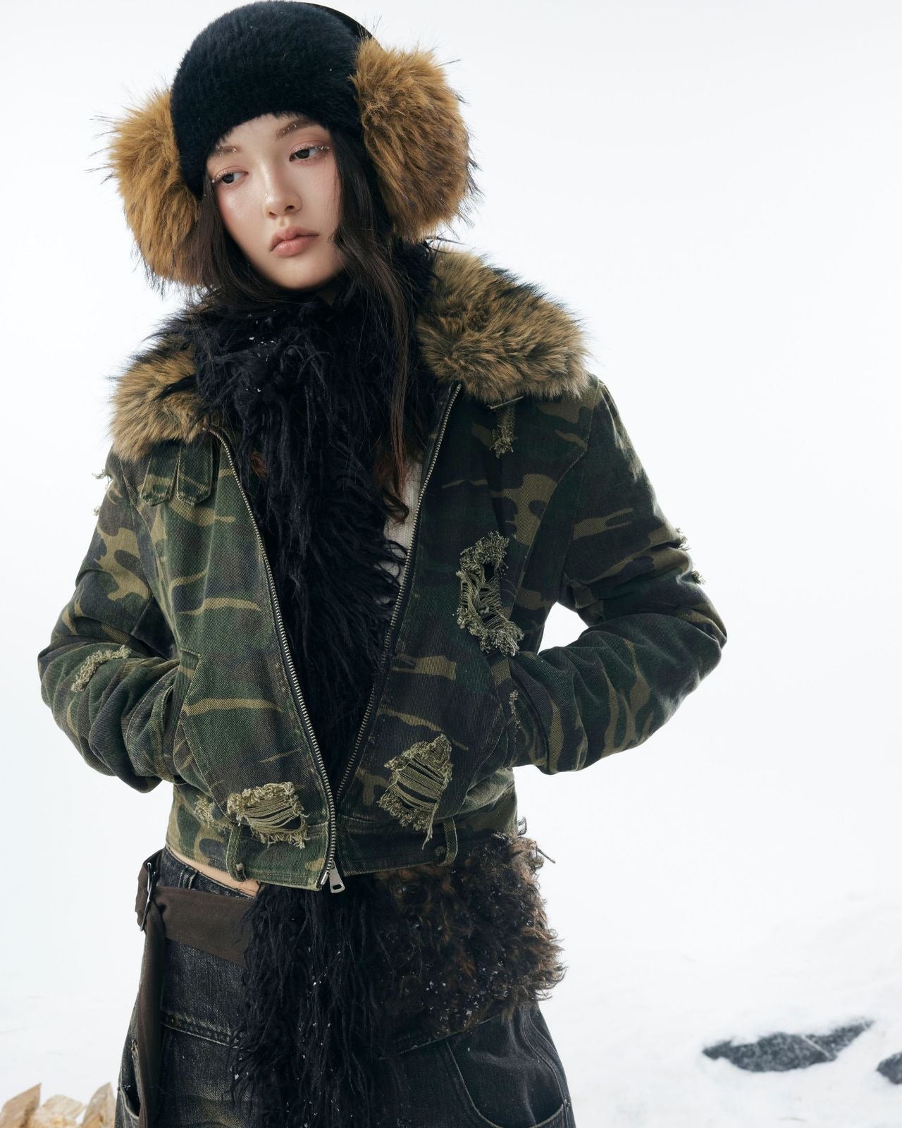 嘉衣库潮牌2025新款冬季可拆卸毛领迷彩棉服短款外套水洗破坏棉衣 NOCTONE