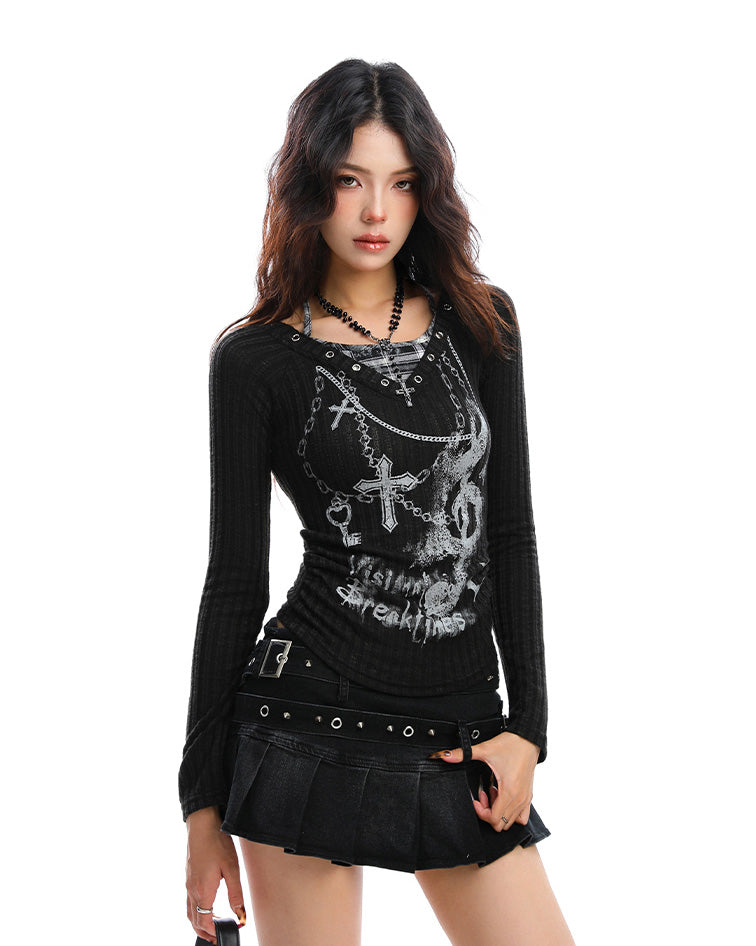 NEW Asian Culture ホットガールフェイクツーピース長袖薄手ニットTシャツ 25% オフ、女性用秋ウエストスリムトップトレンド NOCTONE