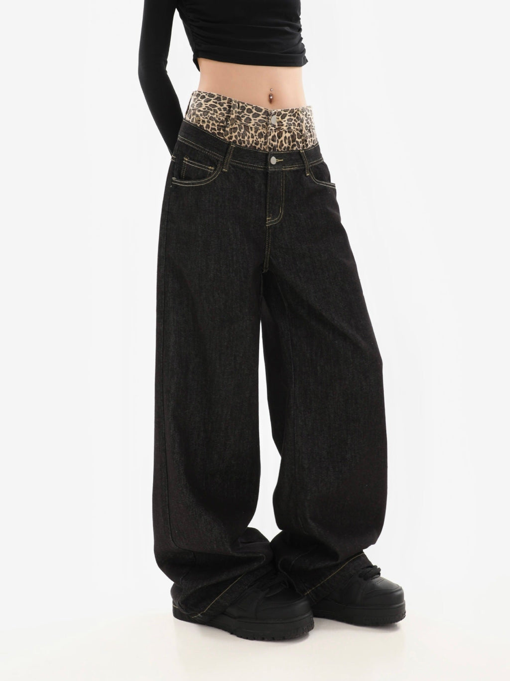 アメリカンレトロデザインヒョウ柄フェイクツーピースジーンズ2025春秋カジュアルルーズストレートワイドレッグパンツ NOCTONE