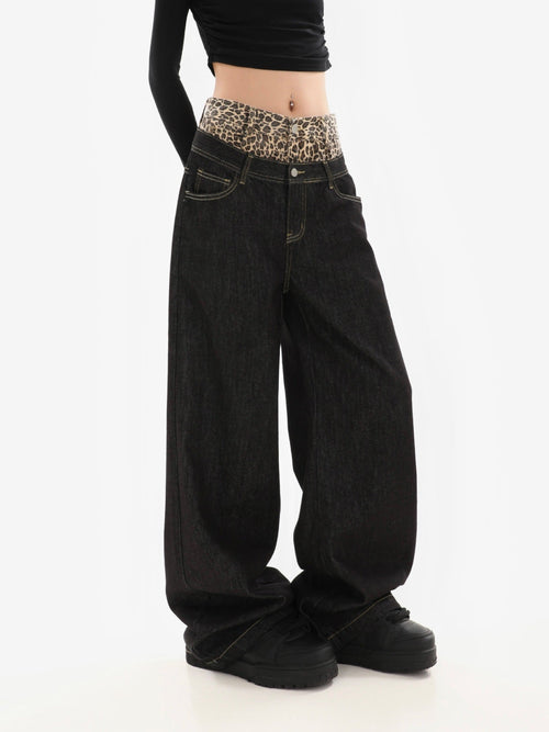 アメリカンレトロデザインヒョウ柄フェイクツーピースジーンズ2025春秋カジュアルルーズストレートワイドレッグパンツ NOCTONE