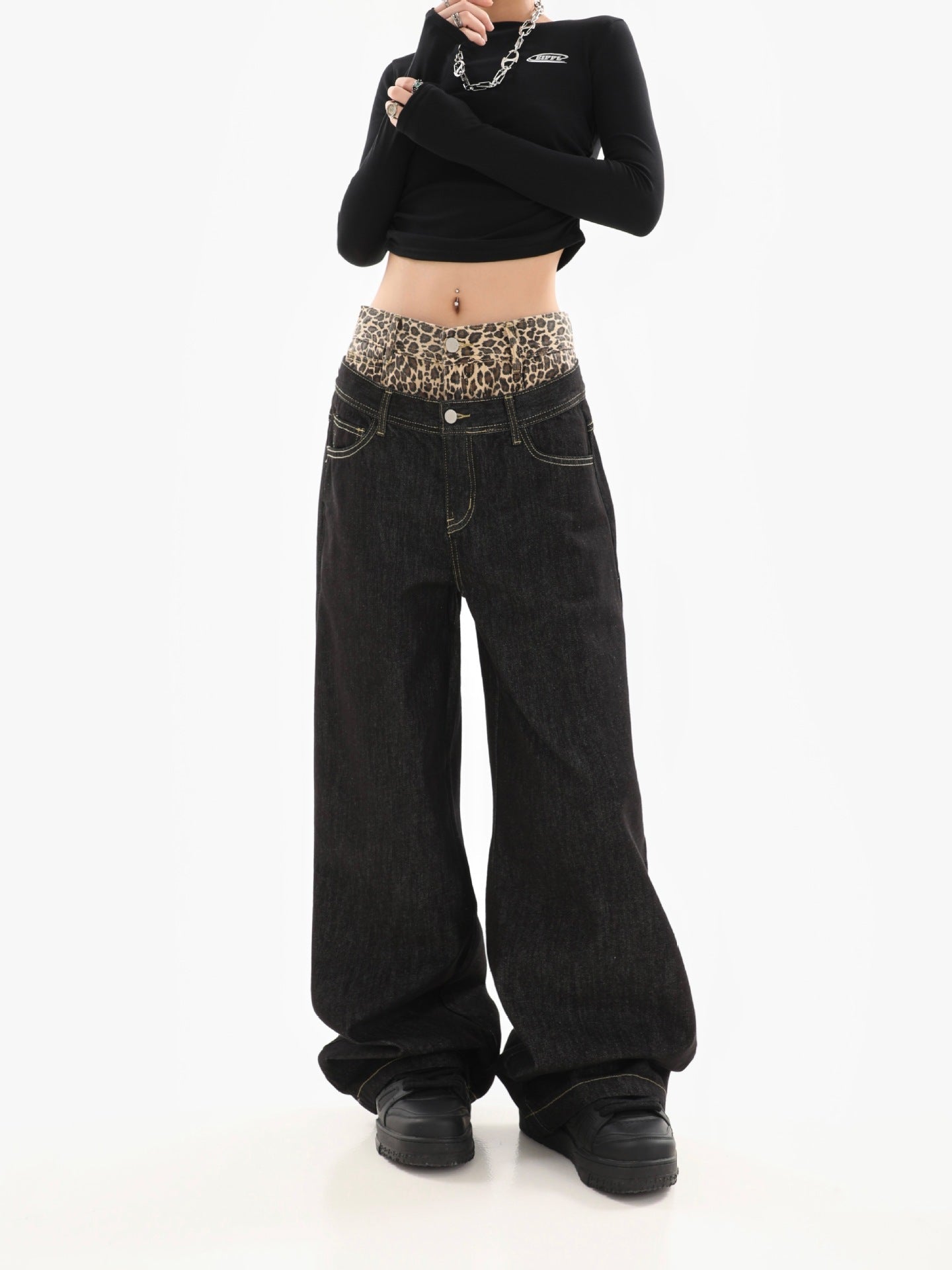 アメリカンレトロデザインヒョウ柄フェイクツーピースジーンズ2025春秋カジュアルルーズストレートワイドレッグパンツ NOCTONE