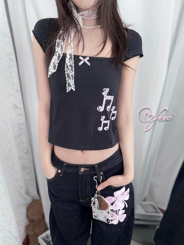 Casper1970オリジナルレトロ水玉ノートプリント昔ながらのスリムフィットベスト半袖Tシャツ NOCTONE