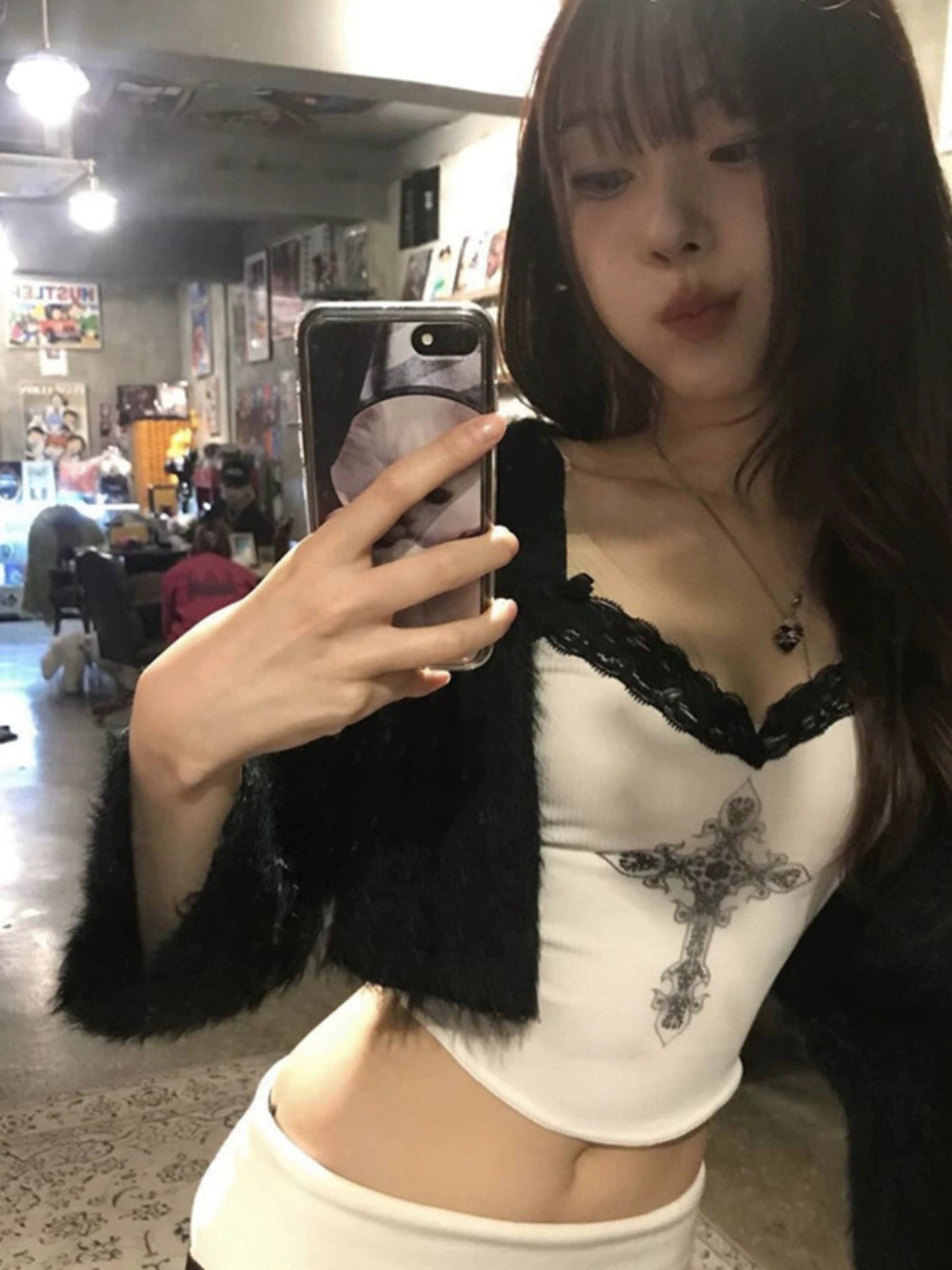 GagaOpt2024 夏新作レースレースコントラスト Vネックキャミソールイレギュラーショートスリムフィットトップ NOCTONE