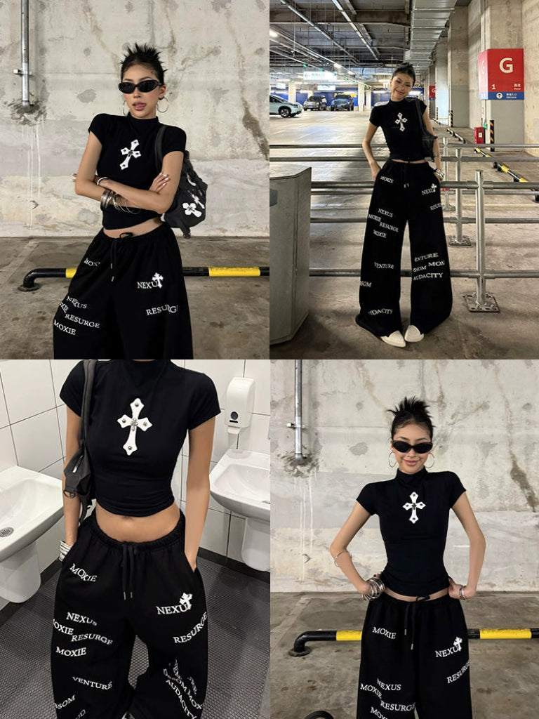 女性用ワイルドゼロブラックTシャツ夏用アメリカンスリムフィットスリムデザインニッチショルダースモールハイネック半袖トップ NOCTONE